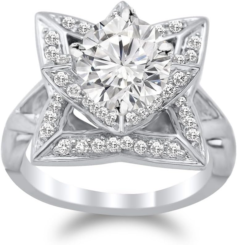 Houston Diamond District 1 Carat t.w. Lotus Flower Diamond Engagement Ring with a 0.5 Ct Forever Brilliant Round Moissanite Center
