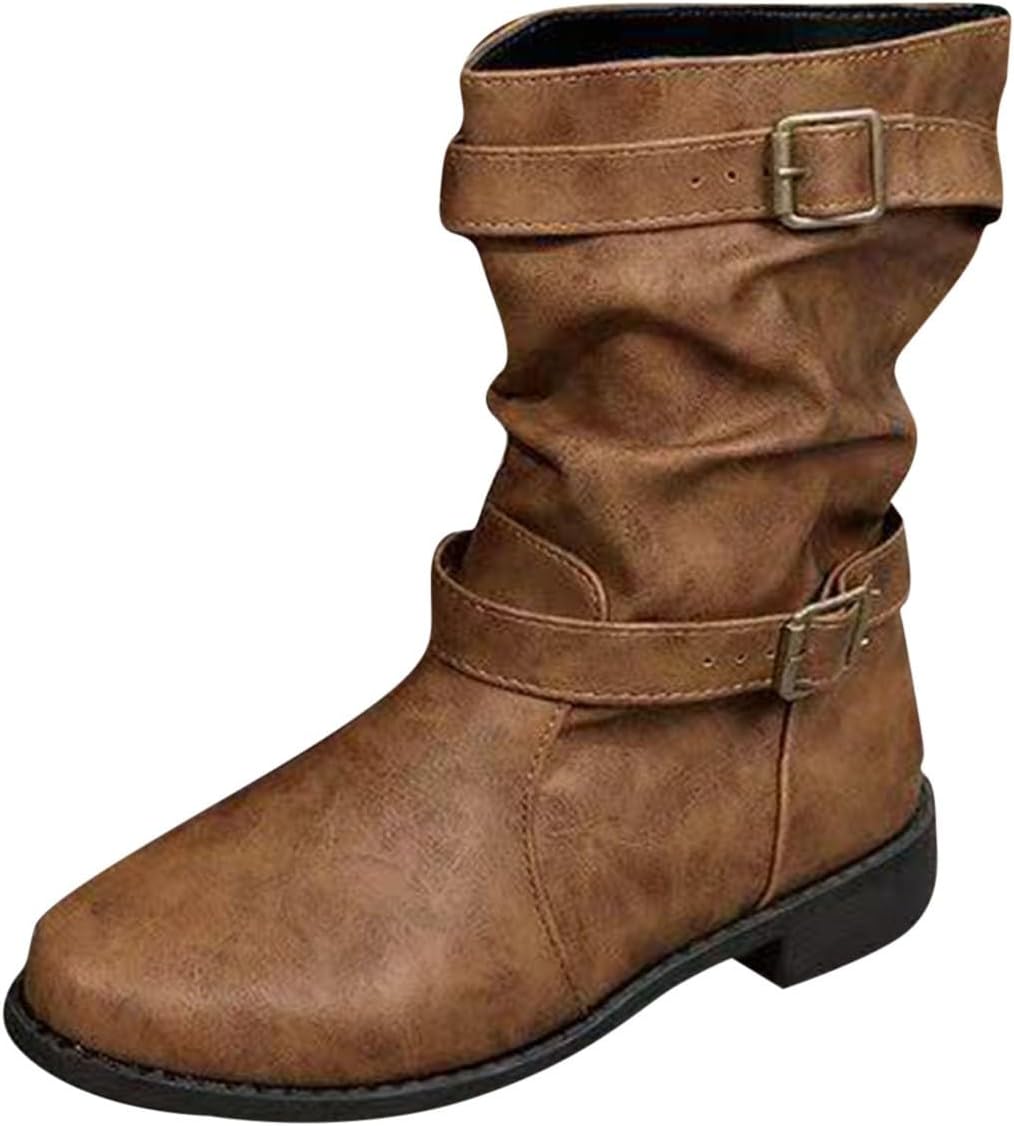 Women's Wide Width Ankle Boots Low Heel Buckle Strap Mid Calf Cowgirl Boots