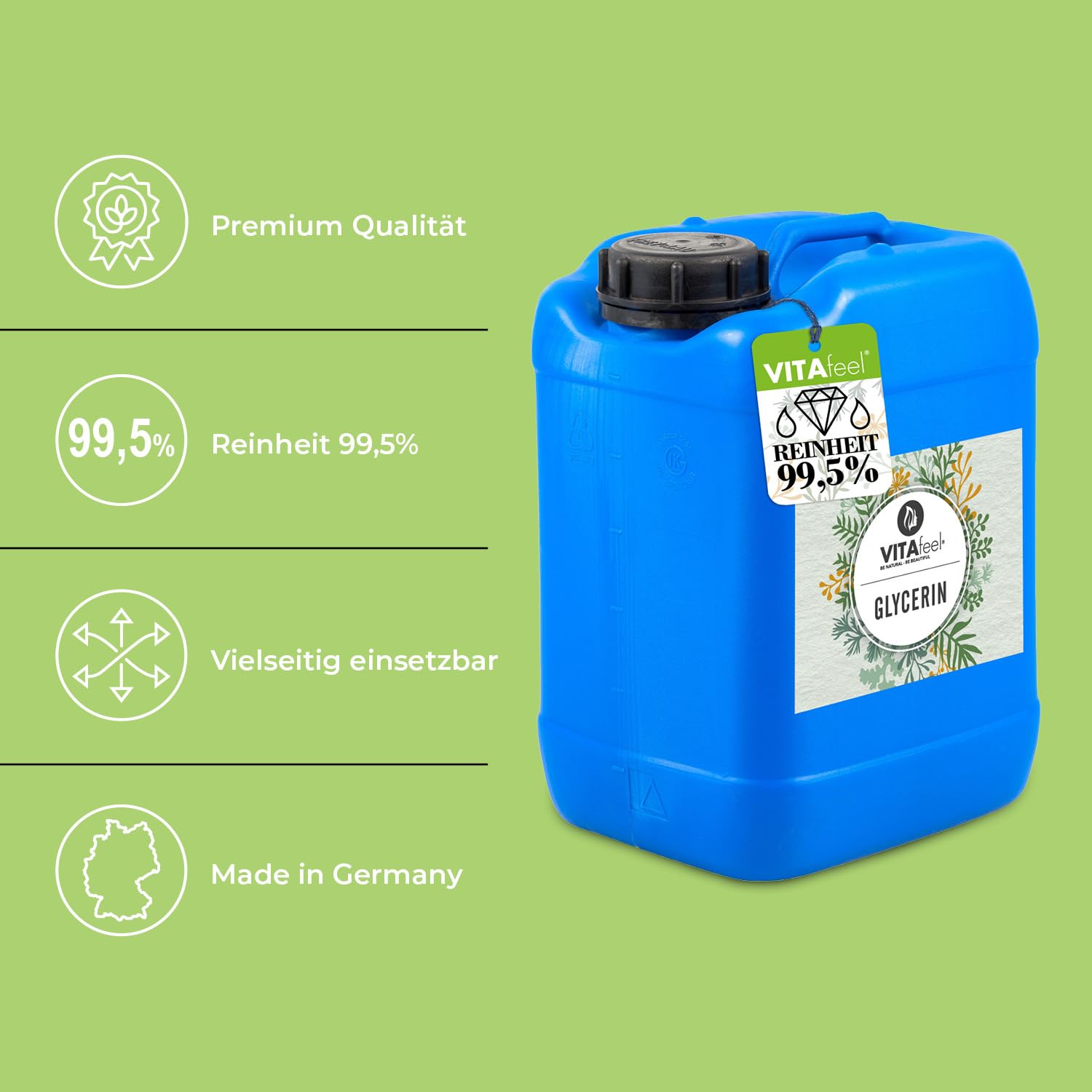 GreatVita Glycerin 10 Liter 99,5% | Rein pflanzlich und vegan – vielseitig einsetzbar für Kosmetik, Hautpflege und DIY-Projekte | Farb- und geruchlos, niedrige Viskosität