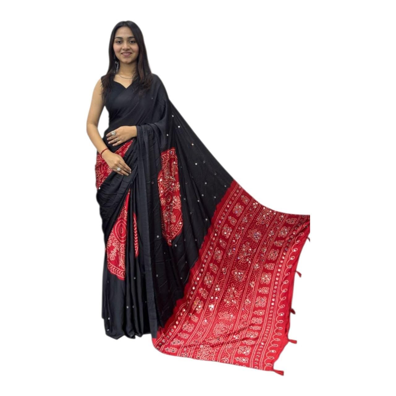 Women's Ajrakh Printed Modal Gajji Silk Soft Real Mirror Work Saree & Blouse (Unstitched)-image-41