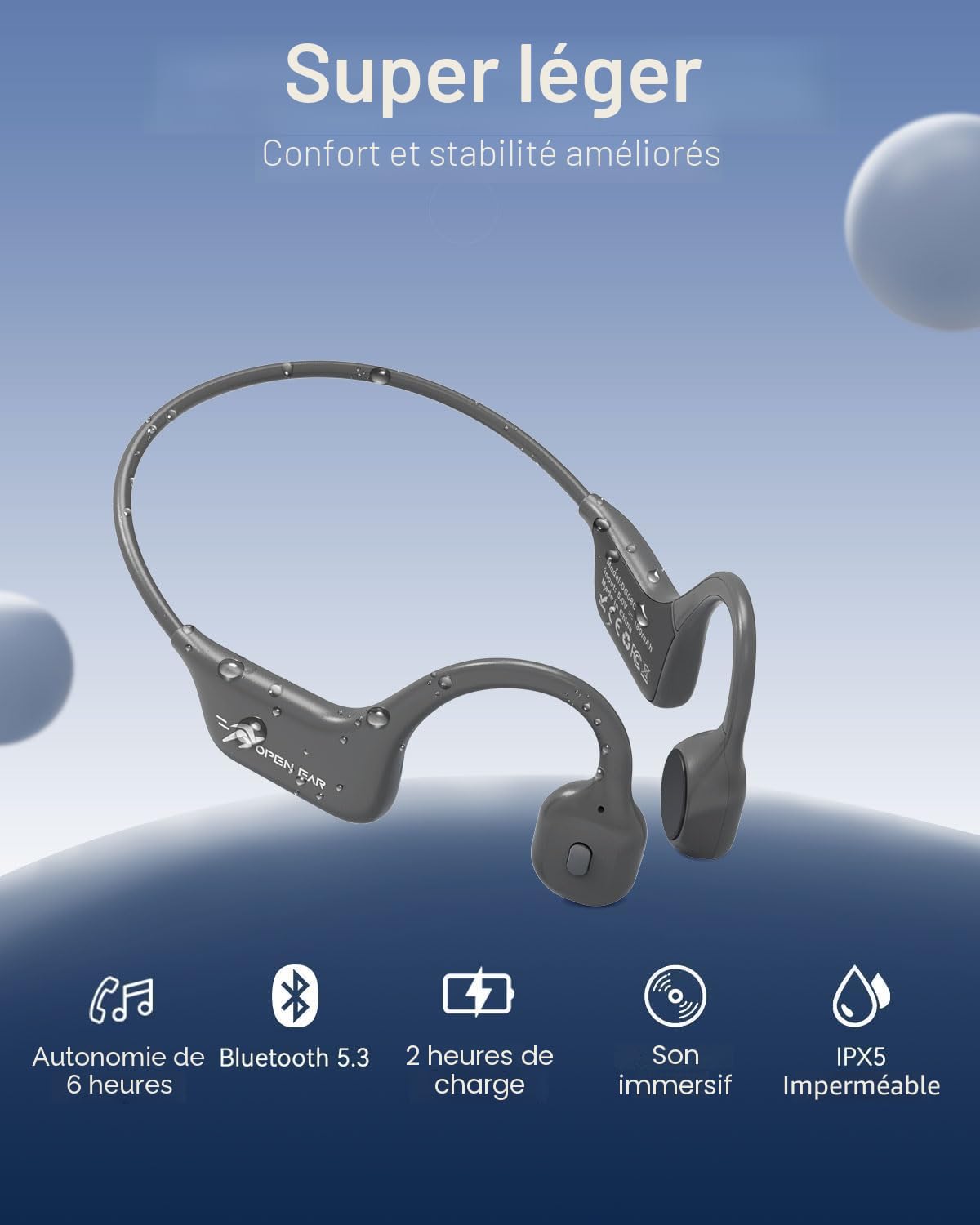 ANSTEN Casque Conduction Osseuse Bluetooth 5.3 | Open Ear Casque de Sport sans Fil avec Micro, Charge Rapide USB-C, étanchéité IPX5 pour Le Sport, Le Cyclisme et Le Fitness