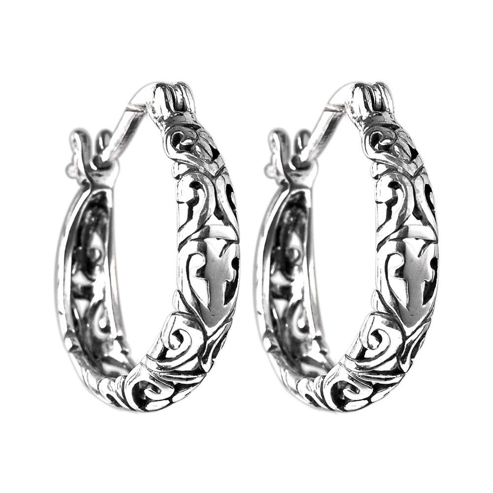 BALMORA 925 Sterling Silver Hoop Earrings for Women Filigree Floral Clip-on Small Huggie Hoop Earrings Vintage Party Jewelry Birthday Graduation Gifts for Her Daughter Friends Mom