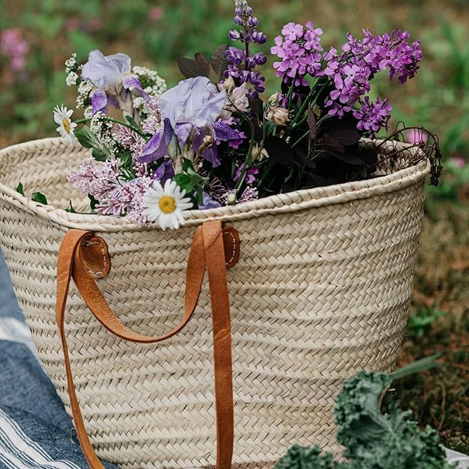 Bolso de mimbre francés con asas dobles de cuero plano miniatura 5