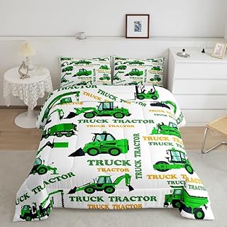 Feelyou Garbage Truck Bedding Set Cartoon Car Comforter Set for Kids Boys Children Equipment Trucks Comforter Construction Vehicles Green Duvet Set Queen Size Quilt Set 3Pcs