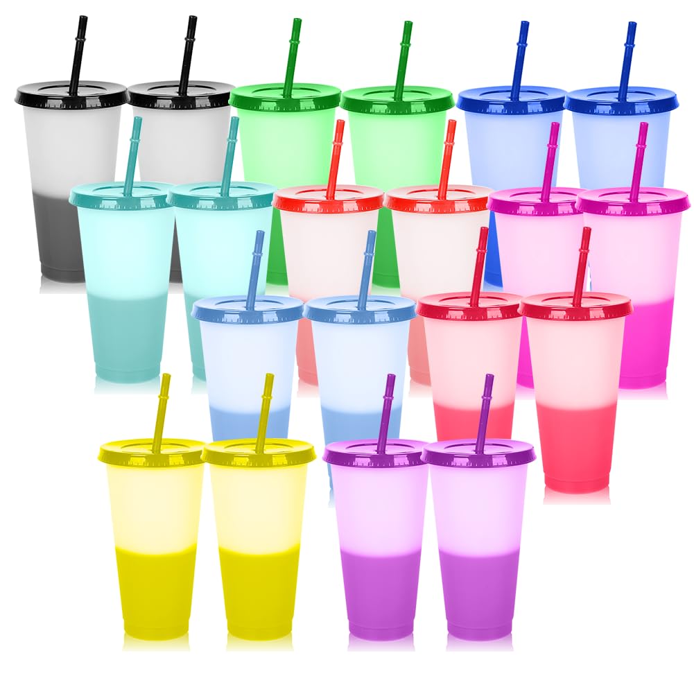 20 Vasos de Plástico Vasos Magicos con Tapa y Popote para Fiesta 710 ml