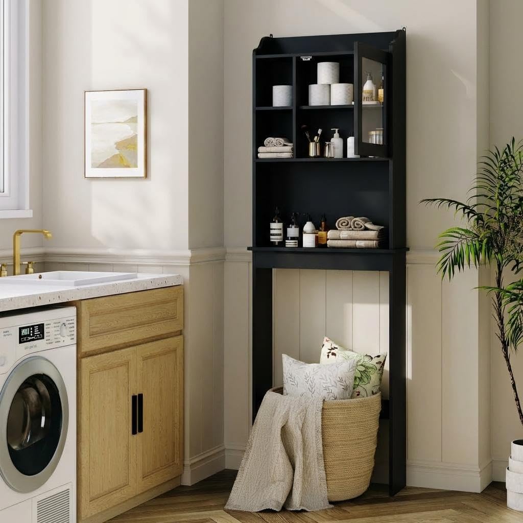 Garvee Mueble de Baño Independiente sobre el Inodoro con Estantes Ajustables, Puertas de Vidrio Templado, Estante de Baño de MDF Que Ahorra Espacio, Mueble de Baño Moderno Resistente al Agua,Negro