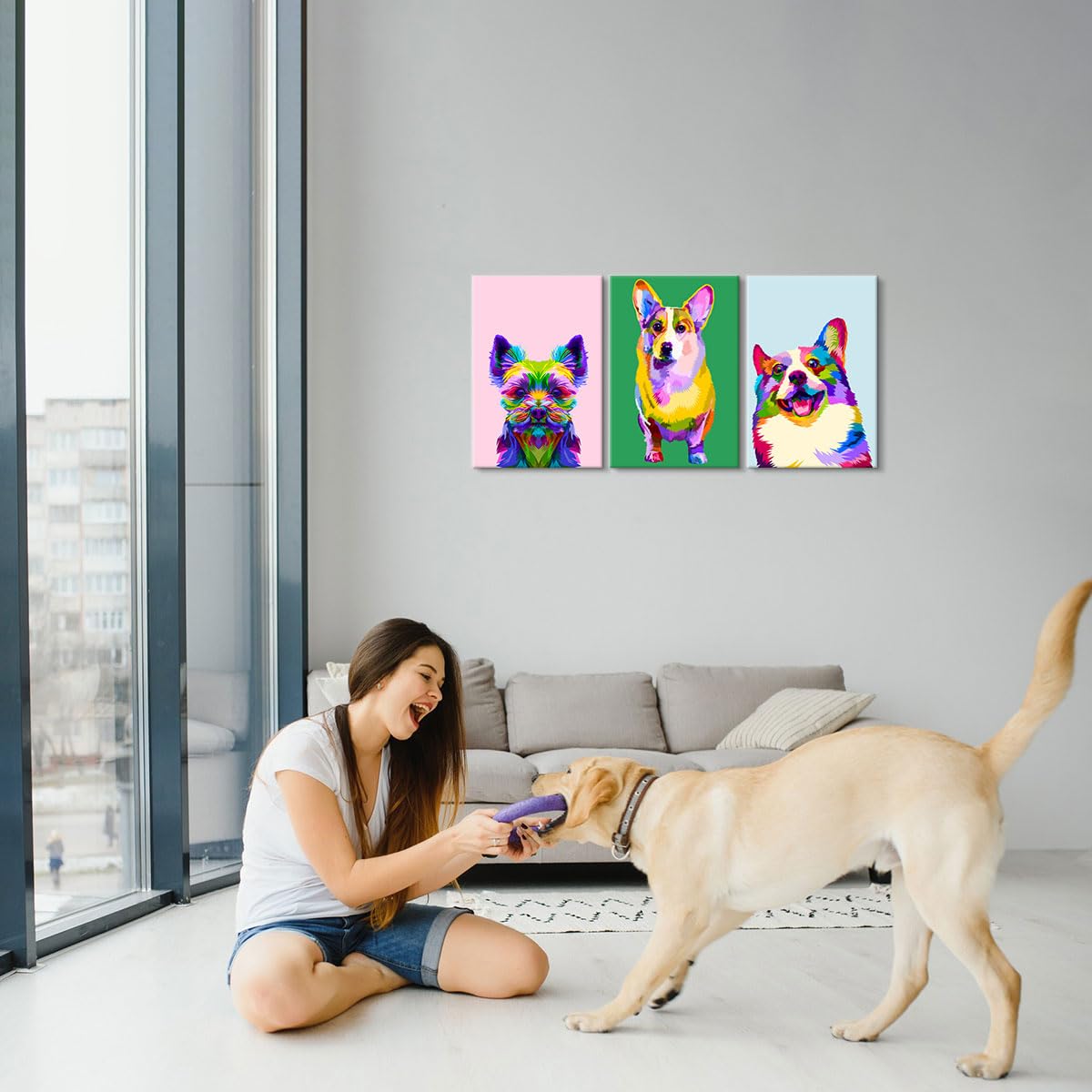 Amazon.co.jp: Mistyefly 3ピース カラフルな犬 キャンバス ウォール