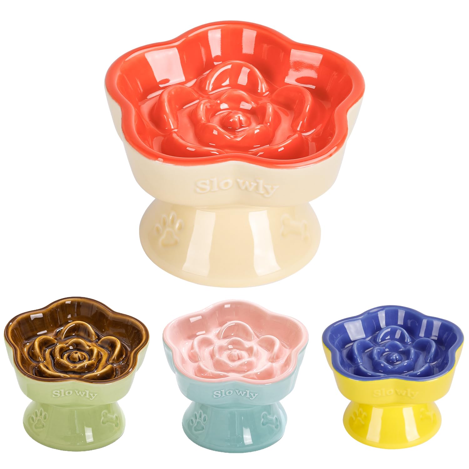 S&Q's CERAMICS Raised Slow Feeder Cat Bowl, Ceramic Glass Elevated Pet Food Bowl Small Dogs Slow Feeder, Flower Shaped Cute Dish for Dry and Wet Food