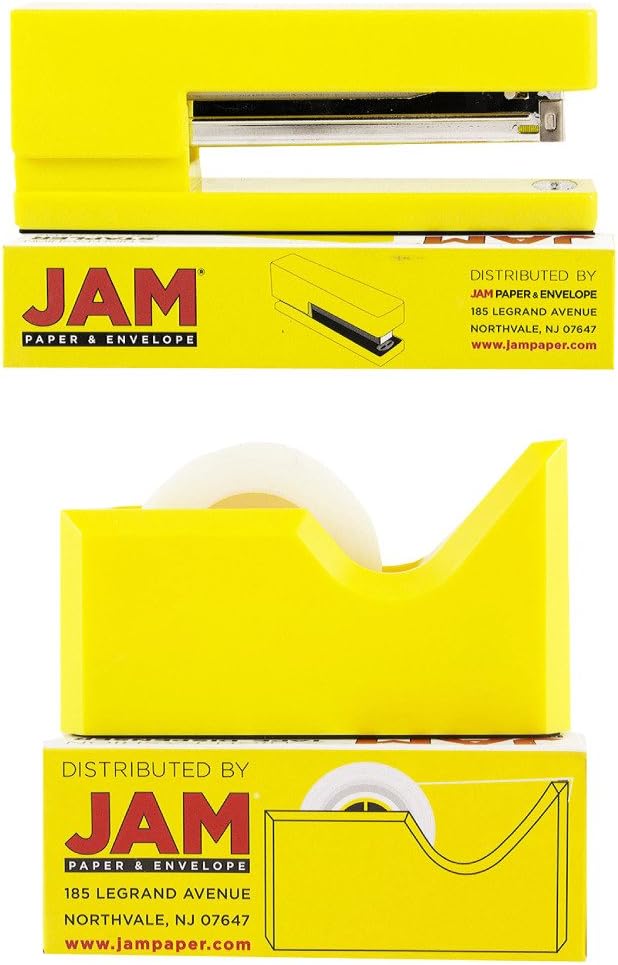 JAM PAPER Office Starter Kit - Yellow - Stapler, Tape Dispenser, Staples, Paper Clips & Binder Clips - 5/Pack