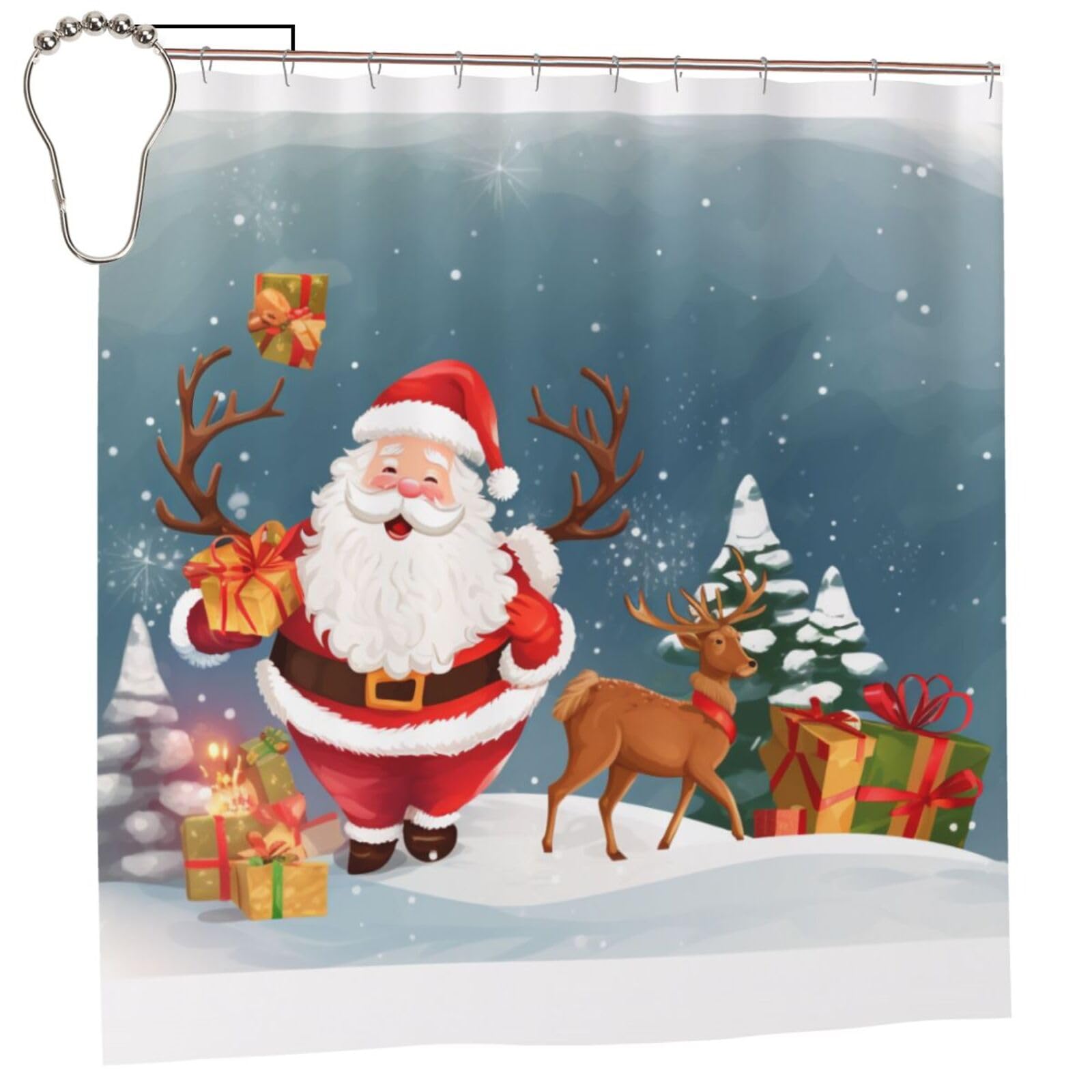 BWWHCCTI Merry Christmas print Printed Shower Curtain With 12 Iron Hooks Opaque Quick Drying Waterproof Shower Curtains Sets For Bathroom 183x183 CM