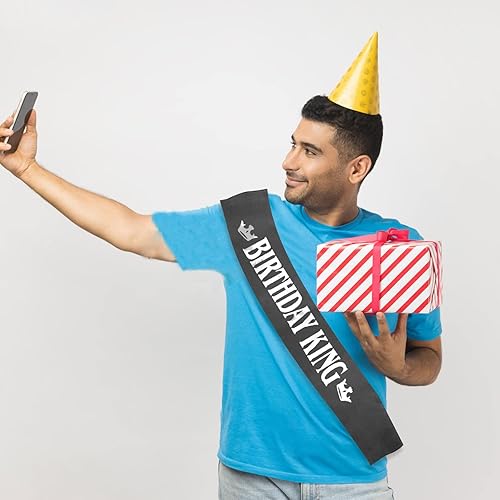 Miniatura 2 de Banda de cumpleaños King para hombres, suministros de decoración de fiesta de cumpleaños para niños (negro y dorado) - Banda de cumpleaños King,