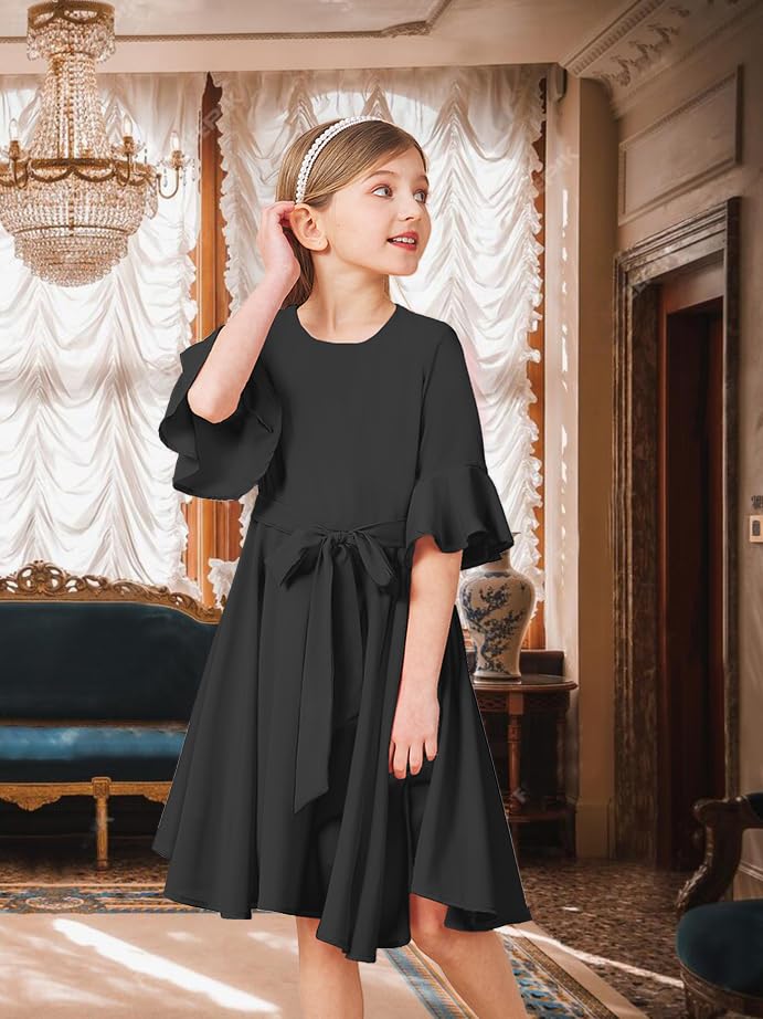 Girls Fall Winter Dresses Formal Fashion Belt Fit Knee High Modest Big Kids Midi Teen Dresses Outfits2