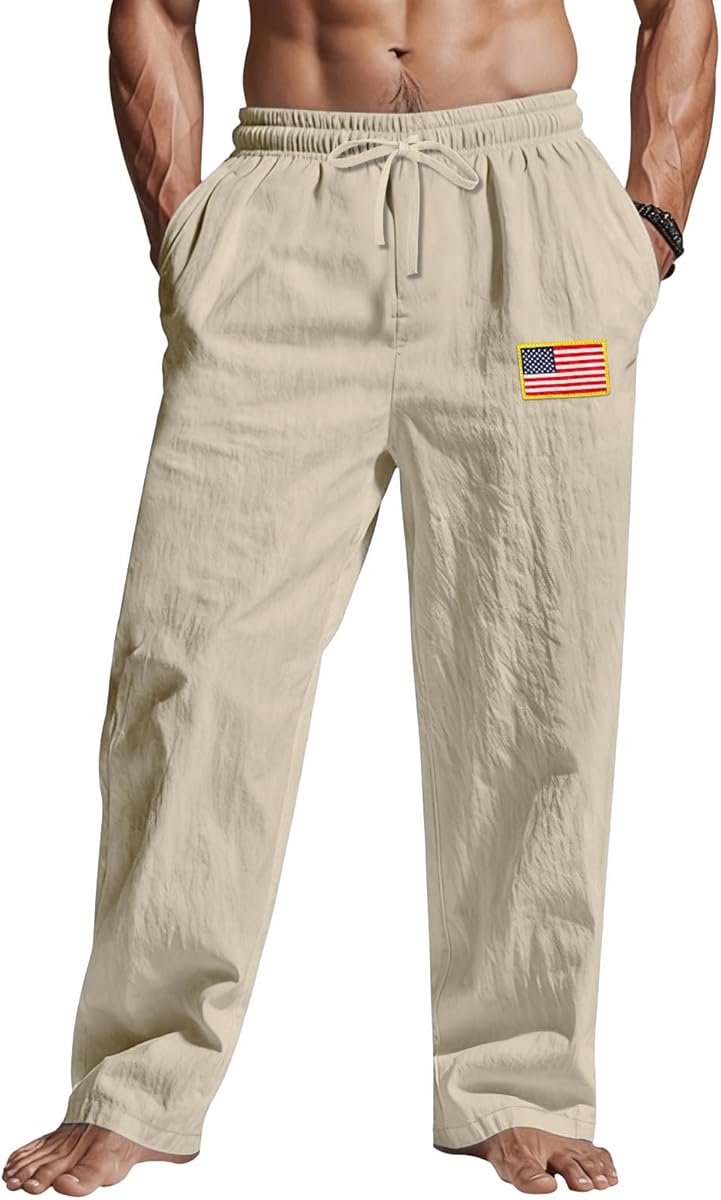 TAFLE Mens Linen Pants Elastic Waist Drawstring Summer Beach Yoga Pants Wide Leg Trousers with Flag Label Khaki