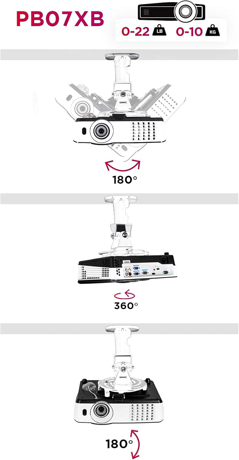 Duronic Projector Mount PB07XB | Bracket Fixing for Ceiling | 10kg Capacity | Universal | Heavy Duty | Fittings Included | Rotate 360 °, Swivel 180 °, Tilt 180° for Easy Projection Set-up