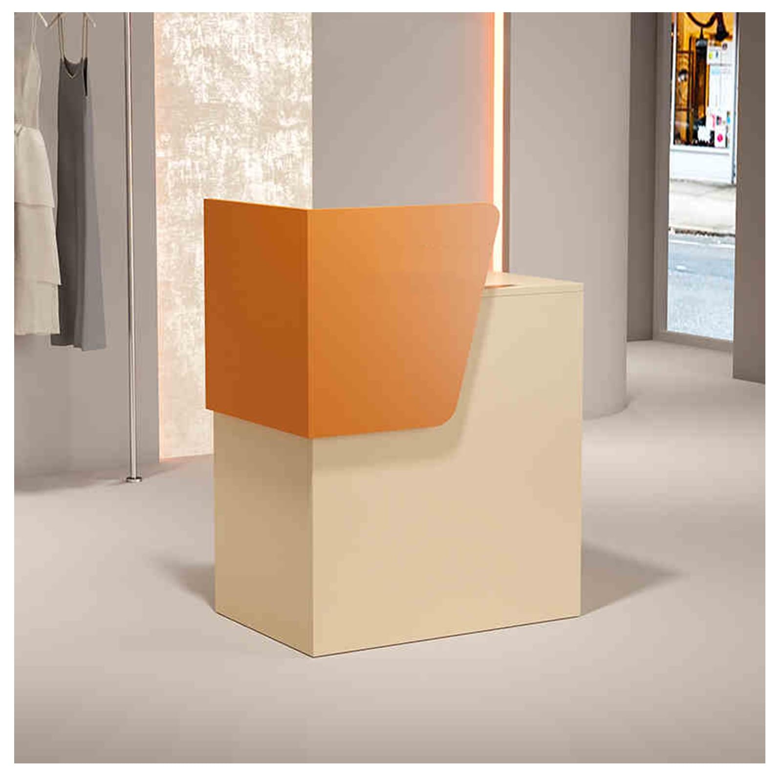 Moderno banco reception con cassetto bloccabile, piccolo banco cassa per vendita al dettaglio, ripiani aperti, tavolo da ufficio anteriore (beige-A, 60 x 40 x 95 cm)