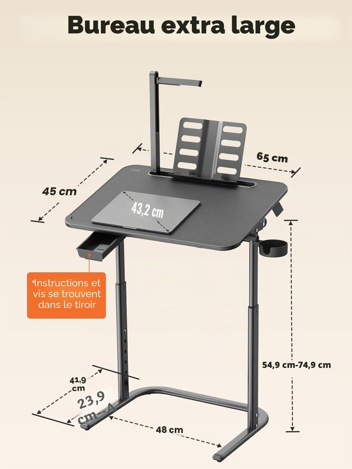 SAIJI de bureau, table de bureau stable, réglable en hauteur, avec support pour livre, tiroir, crochet pour sac à dos, style moderne, pour étude, travail avec ordinateur portable, manger, classe en