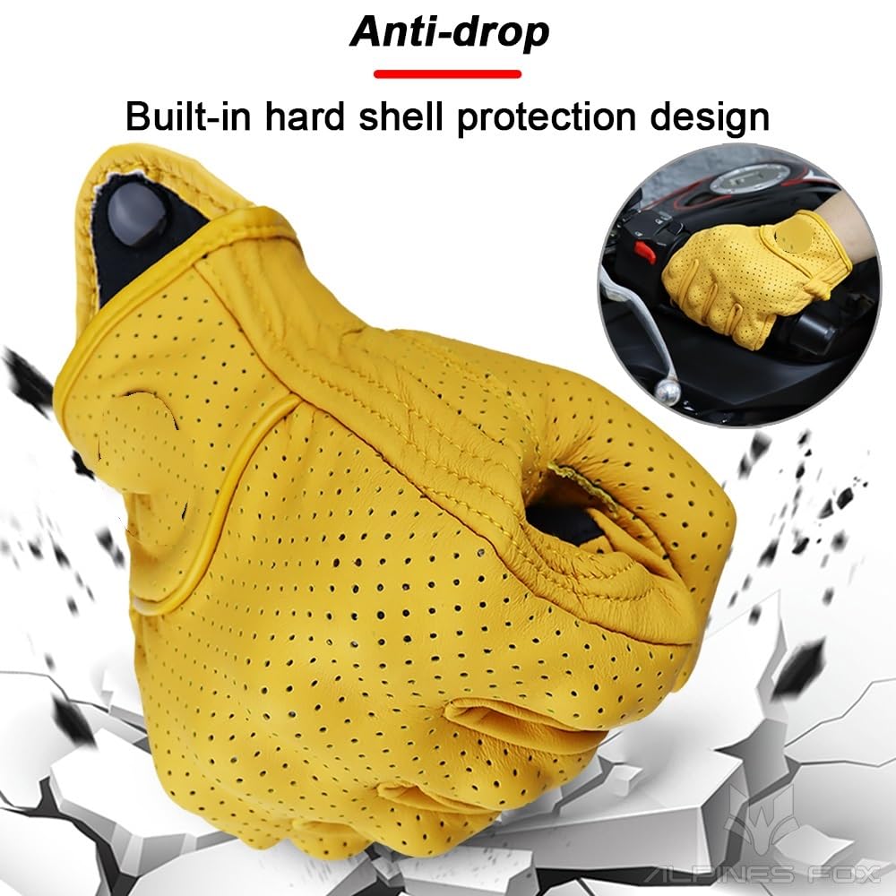 Guanti Moto Vintage Protettivi Touch Screen Perforati - Motocross Estivi Gialli (Yellow Hole, L)