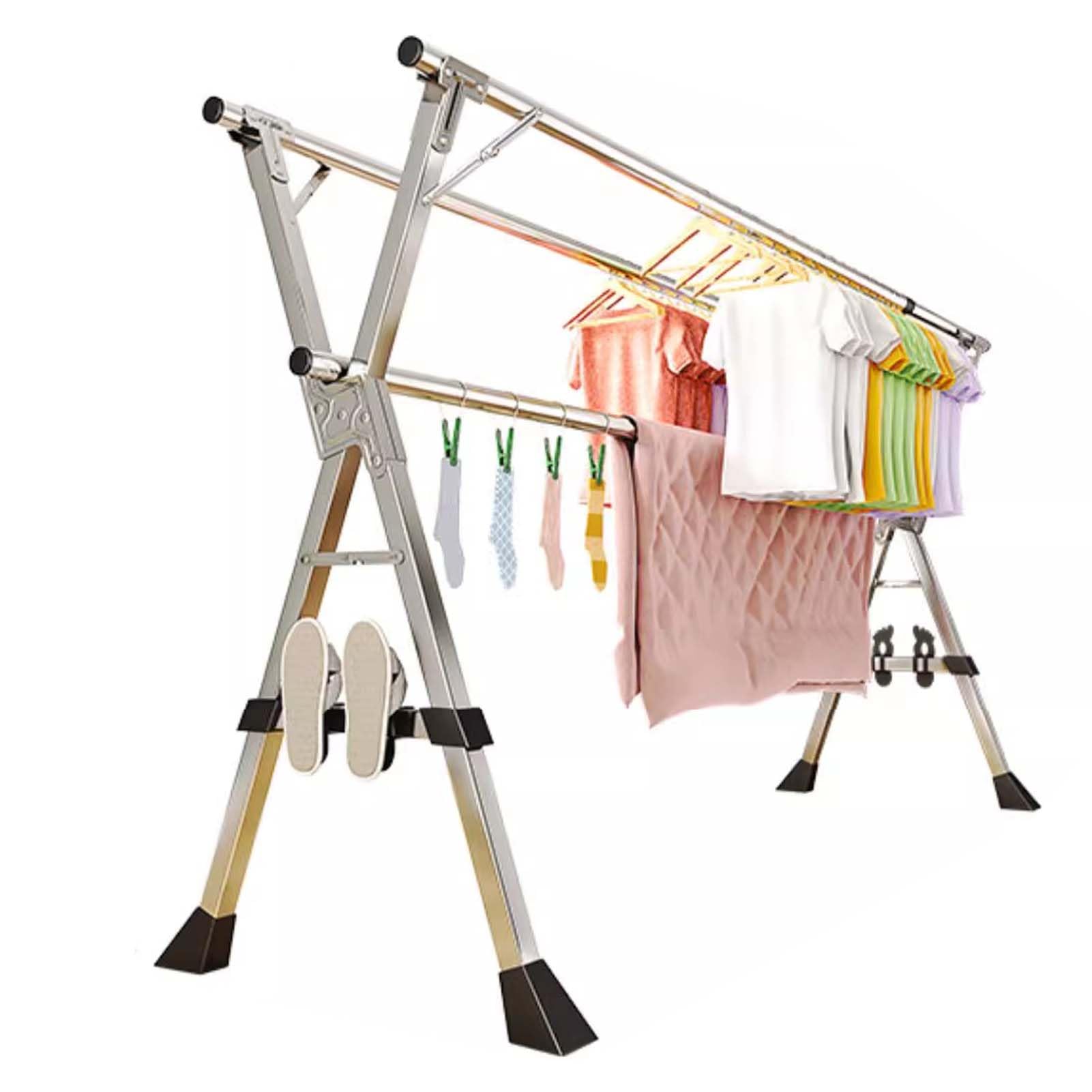 YSUEFIJOCollapsible Clothes Drying Rack, Foldable Stainless Steel Laundry Drying Rack, Heavy Duty Adjustable Garment Rack, Space-Saving Drying Rack with 20 Windproof Hooks, for Indoor Outdoor