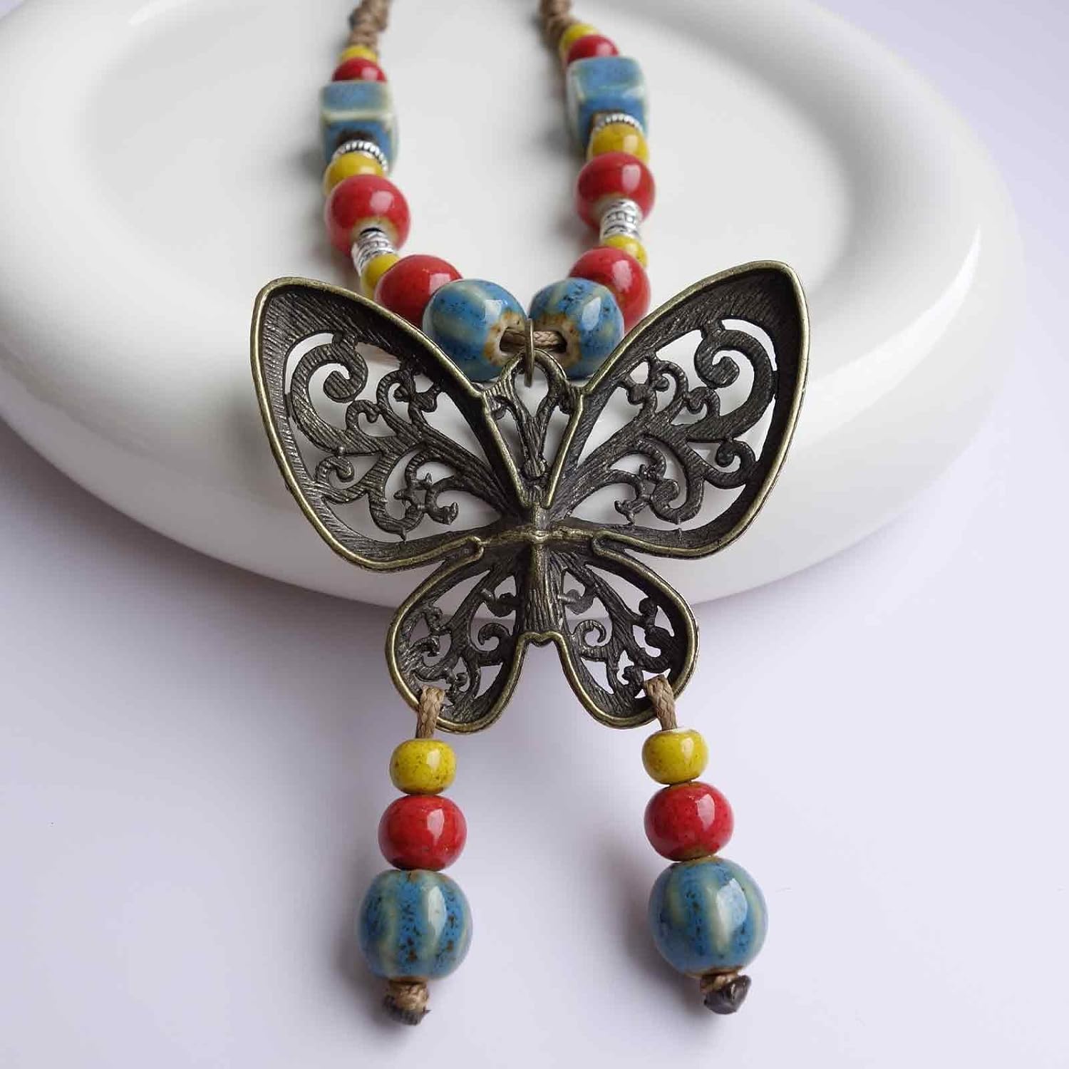 Boho Colorful Ceramic Bead Necklace for Women, Butterfly Pendant Necklace, Handmade Bohemian Statement Jewelry Gifts for Mom - Image 7