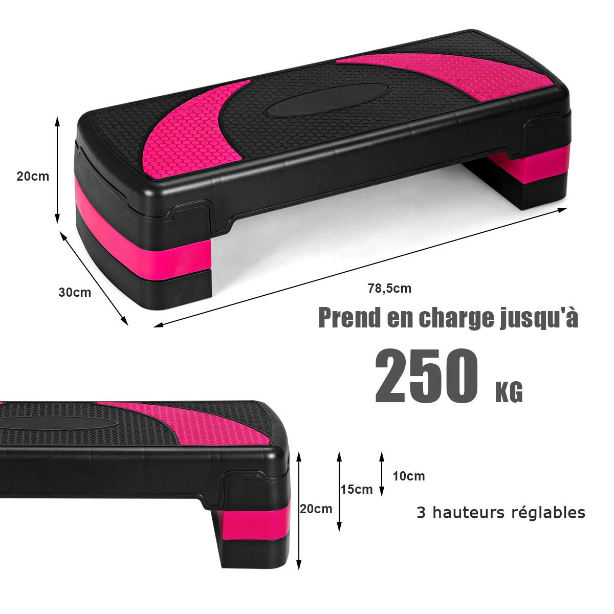 COSTWAY Aérobic Step Fitness Réglable Hauteur 3 Niveaux 10/15/20CM Surface Antidérapant Capacité Poids 250KG Noir