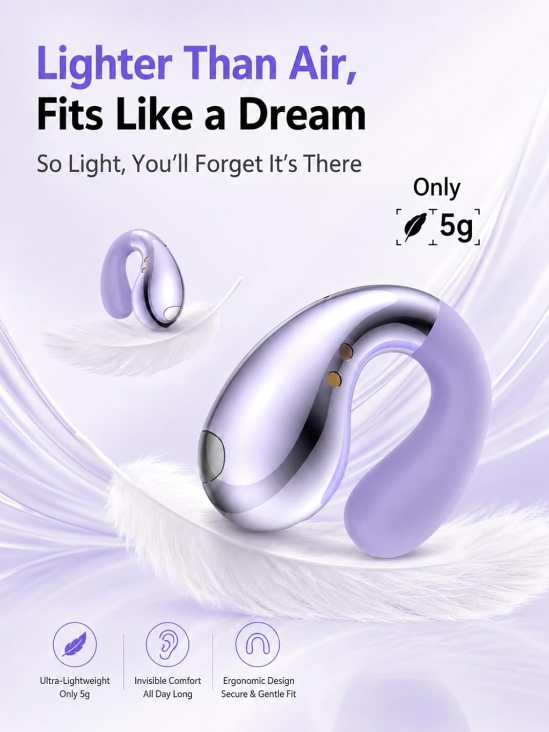 Boytond Ultra Open Ear Earbuds - Clip on Earbuds, Open Ear Headphones with Small Lightweight Bone Conduction Design, Comfortable Fit for Running, Gym Workouts and Sports, Crystal Purple 5 61UaDheAI0L. AC SL1500