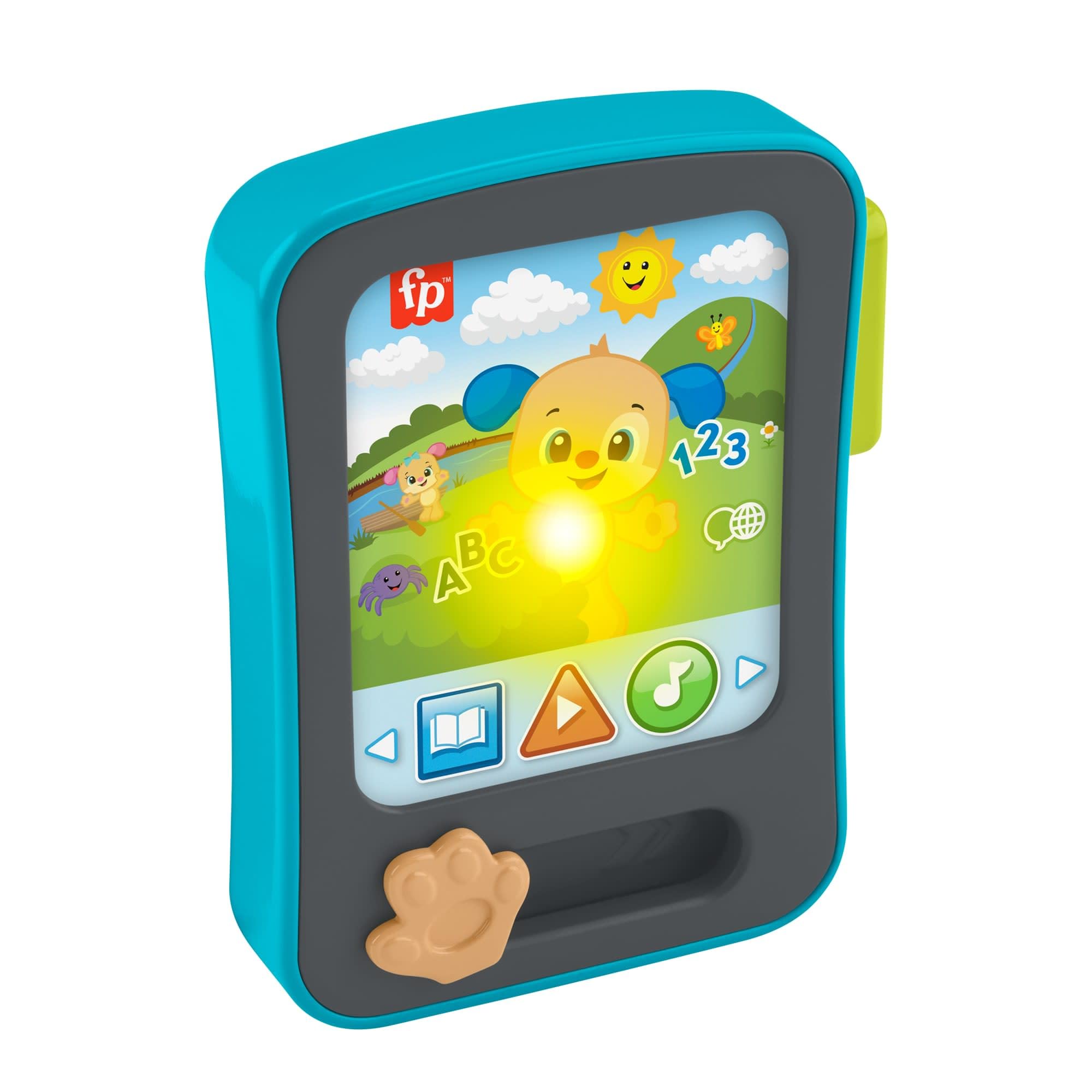 Fisher-Price Baby Learning Toy Laugh & Learn Puppys Storytime Reader Pretend Tablet with Music & Lights for Ages 6+ Months, Multilanguage Version: English, French, German, JFK28