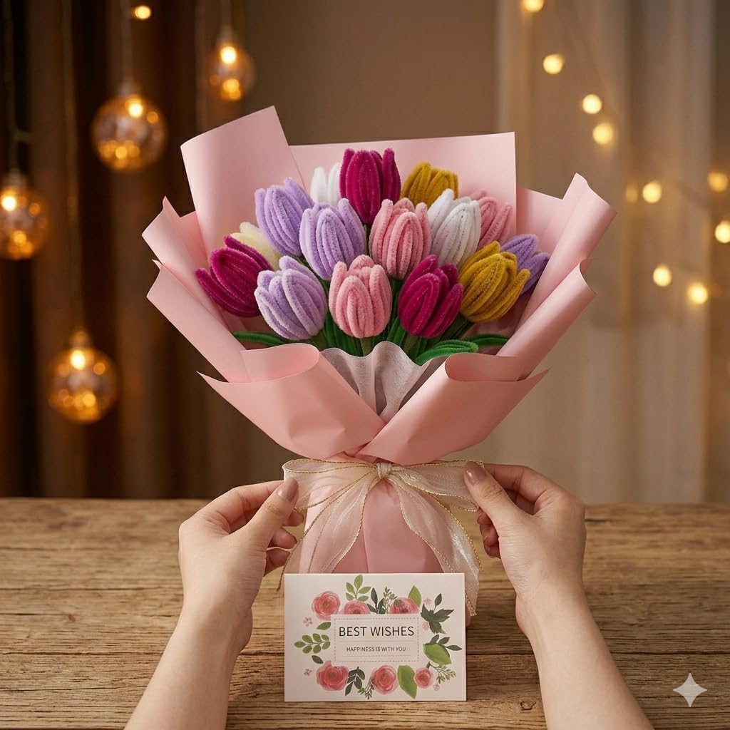 All-in-One Pipe Cleaners Flower Kit, 800 PCS DIY Flower Bouquet Making Kit with 8 Colors Pipe Cleaners, Floral Wire, Tape, Wrapping Paper & Video Tutorial, Handmade Gift for Adults, Teens, Beginners