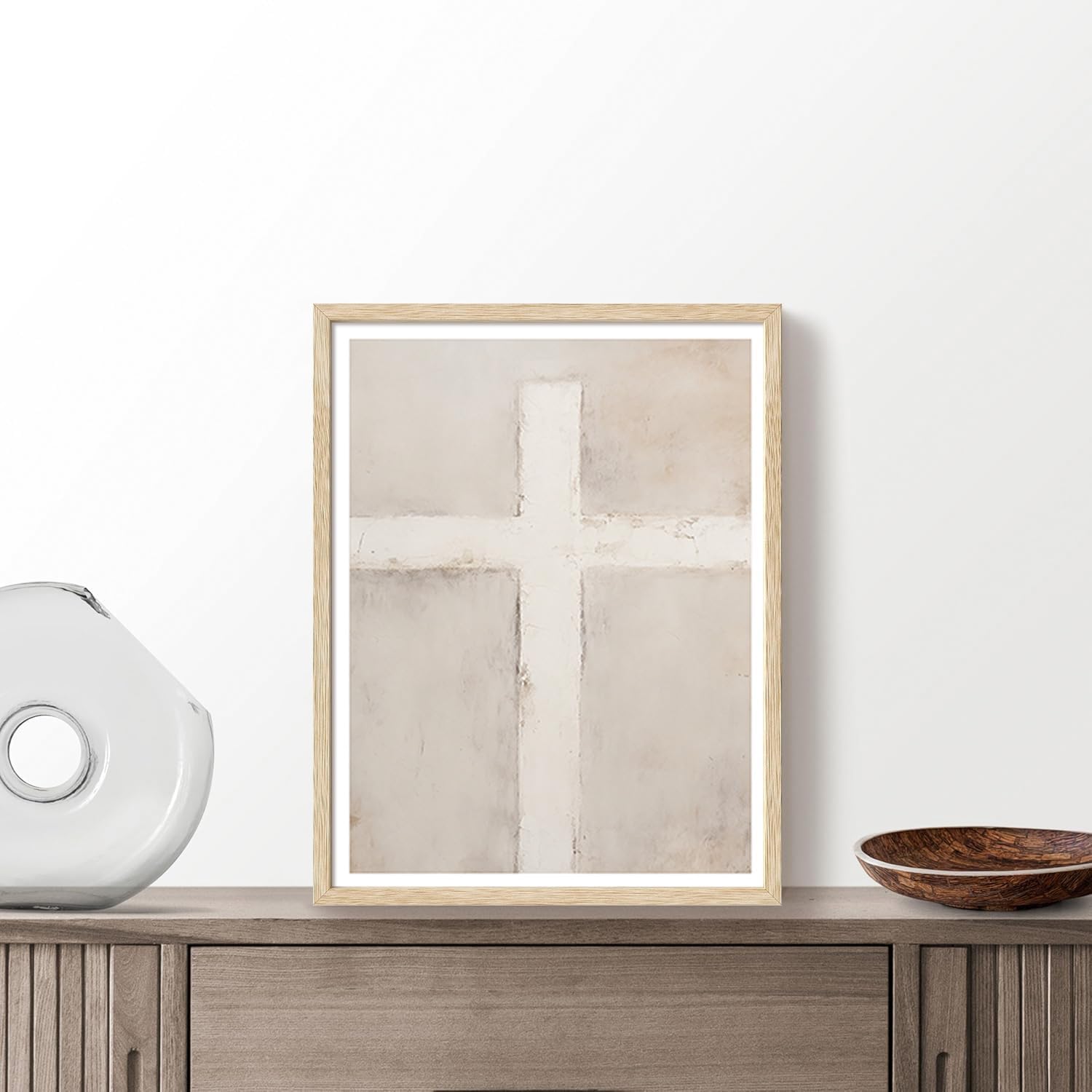 KISSFOX Jesus OAK Wood Framed Wall Art Decor Christian Cross Pictures Paintings Wall Decor Modern Boho Religious Canvas Art Prints Sketch Inspirational Faith Artwork For Bedroom Living Room