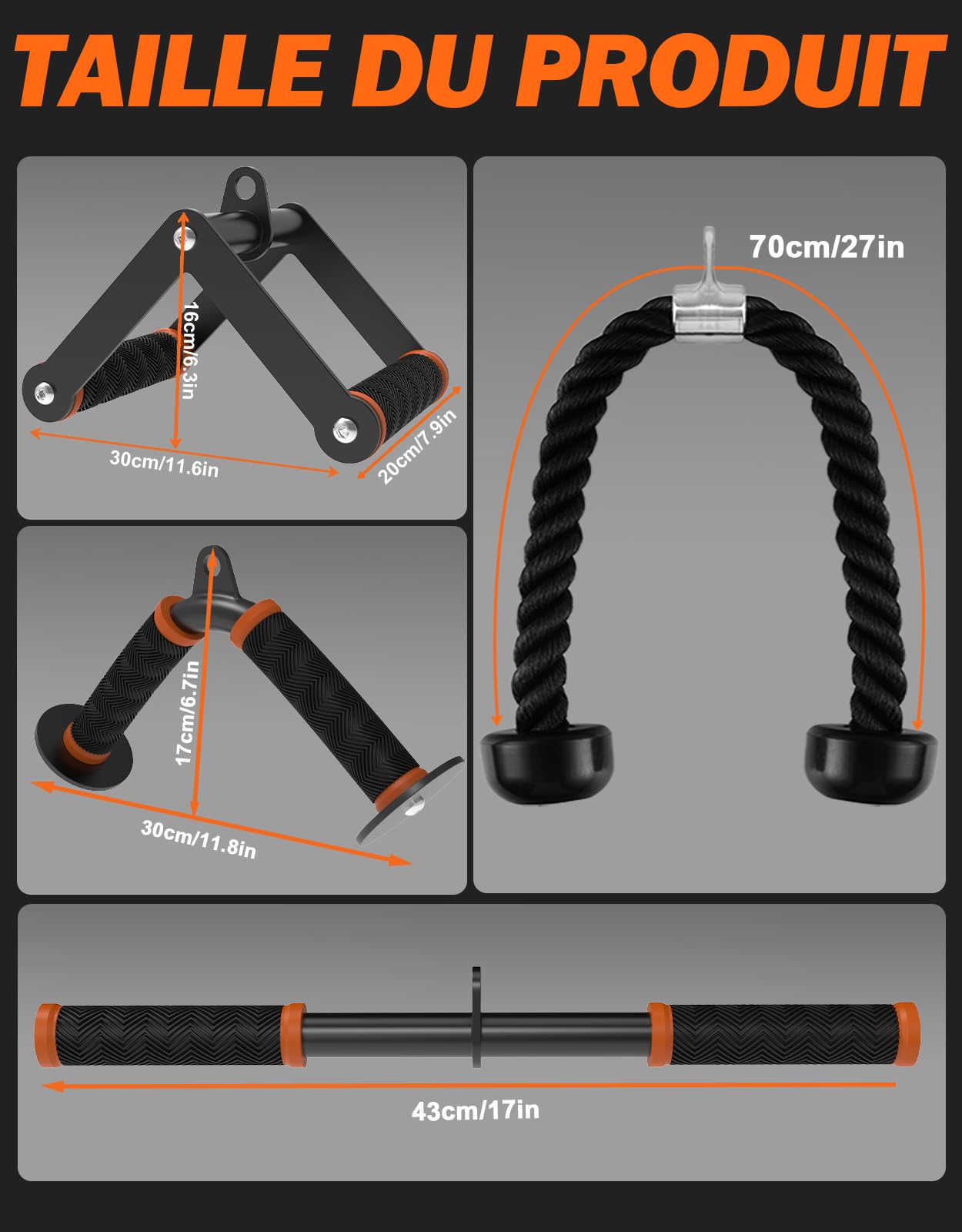 Set d'accessoires pour machine à câbles Fitarc pour salle de sport et entraînements à domicile, accessoires de traction LAT avec prises antidérapantes, orange