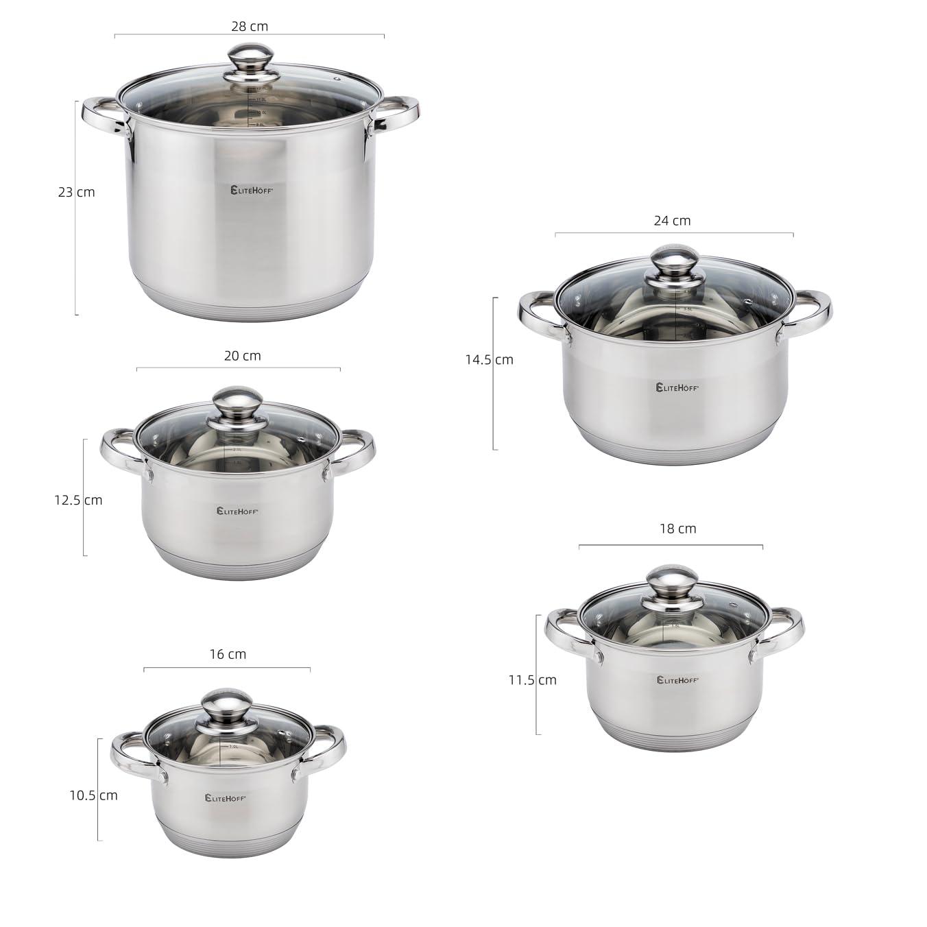 EliteHoff 10-teilig Induktion Kochtopf-Set, 7-lagig Edelstahl Kochtopf, 5er Set Töpfe mit Deckeln, für Alle Herdarten