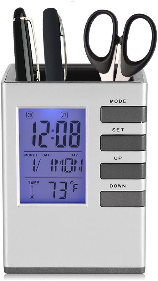 Fdit Multifunctional LED Desk Clock, Digital LCD Screen Alarm Clock Pen Holder Temperature Display