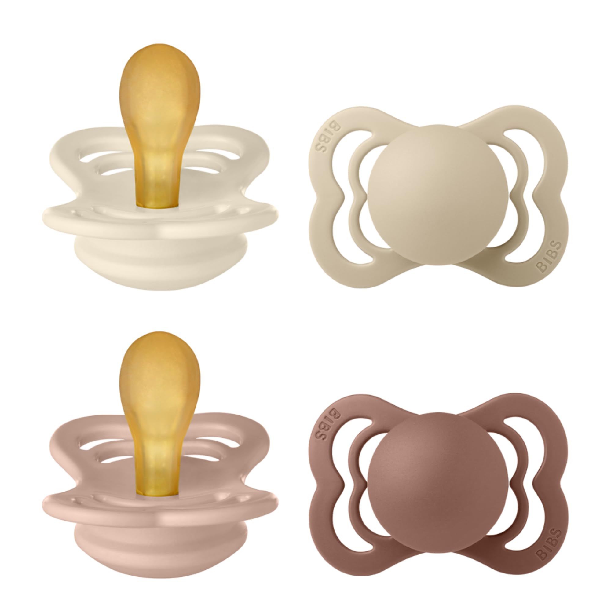 BIBS Supreme Soother 4-Pack, BPA Free Dummy Pacifier, Symmetrical Nipple. Natural Rubber Latex, Size 1 (0-6 Months), Ivory/Vanilla/Blush/Woodschuck