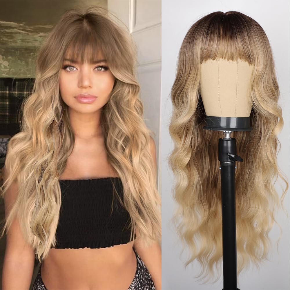 Haoland Ombre Blonde Wig with Dark Roots Long Wavy Curly