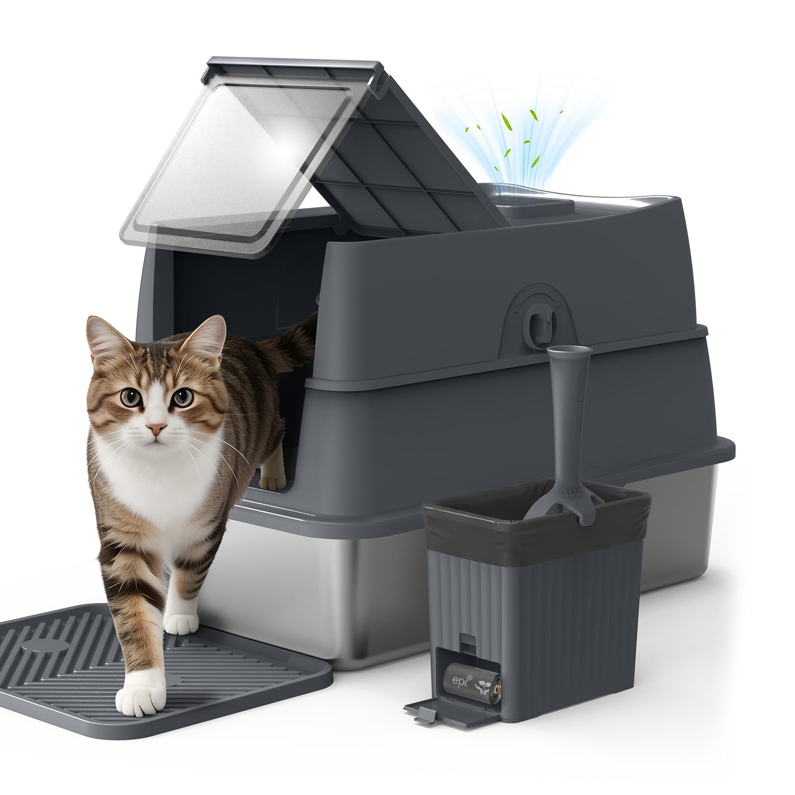 AIPERRO Caja de arena cerrada para gatos de acero inoxidable con tapa, caja de arena de metal con tapa de filtro de alta cara con juego de cuchara para gatos grandes, antiadherente, antifugas, fácil