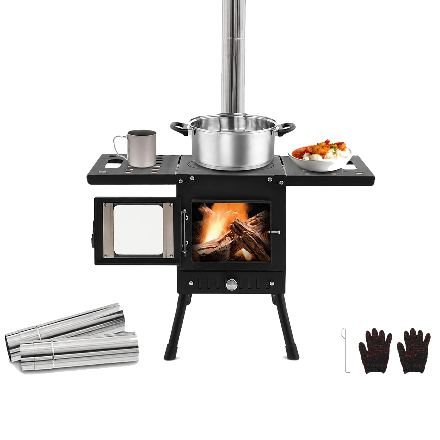 Estufa plegable de leña para camping con chimenea, estufa de leña, estufa de acero al carbono, altura ajustable (36 – 56 cm), para calefacción exterior y cocina, pesca en hielo