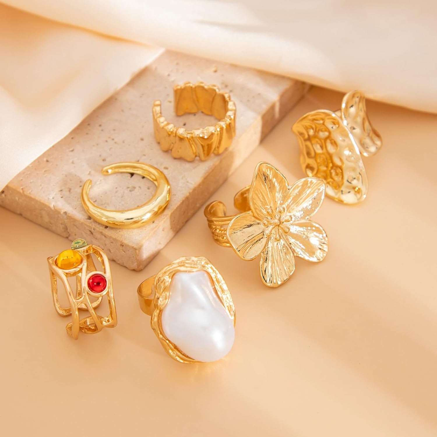 Chunky Gold Rings for Women Non Tarnish 6 PCS Vintage Stackable Flower Baroque Pearl Rhinestone Rings set Adjustable Trendy Statement Jewelry - Image 6