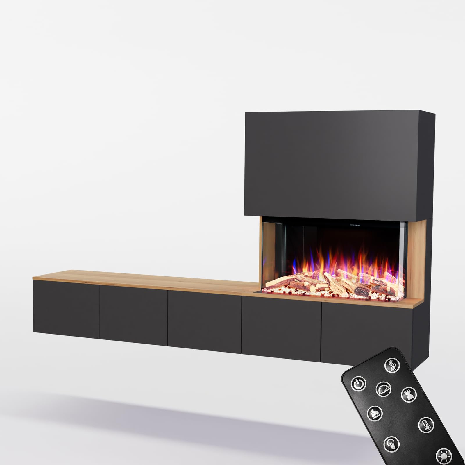 GLOW FIRE Kominek ścienny do telewizji CW5 otwarty lewy z realistycznym ogniem LED 3D E-Motion – stojący kominek elektryczny z ogrzewaniem, kominkiem i timerem, maks. 1500 W, 250 x 139,5 x 42,4 cm