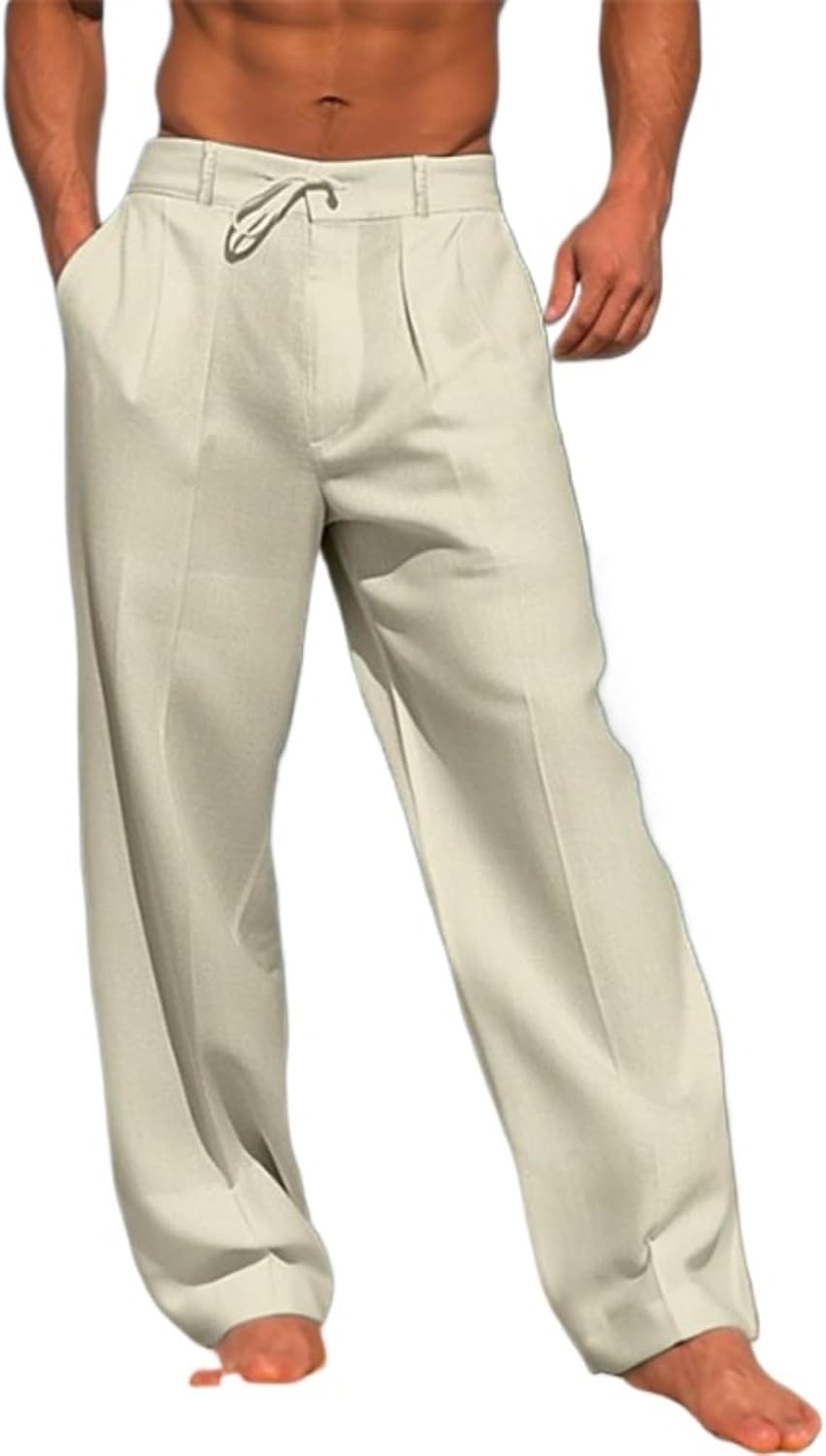 Men Solid Casual Straight Beach Pants Comfy Breathable Loose Daily Pant Fall Basic Vacation Linen Trousers