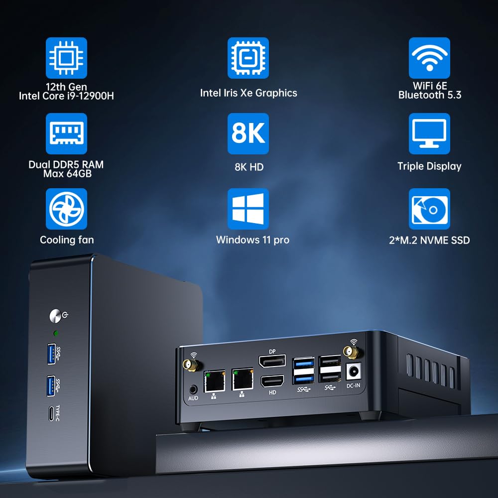 Thdeukoty Mini PC i9-12900H 14C/20T, 64G DDR5 RAM 2T SSD, mini computer desktop Windows 11 Pro (TPM2.0), DP/HDMI/Type-C triplo display, WiFi 6E Bluetooth5.3 per casa/lavoro