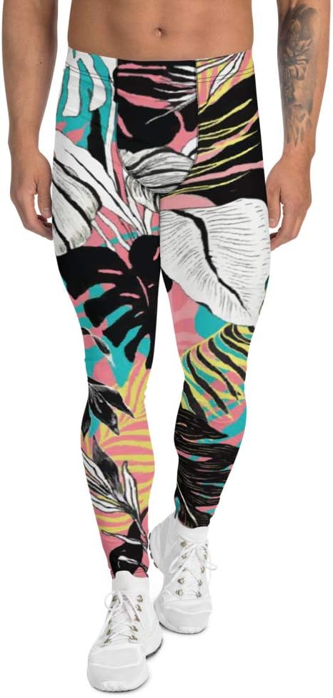 Men’s Leggings Workout Gym Pants Track Running Tights Yoga Athletic Sports Training Meggings Floral Coral Flowery Blue White