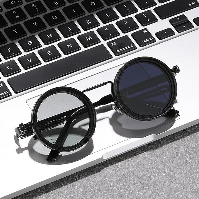 Image of Adjustable Tint Sunglasses 1-9 Gear | Polarized Round Black Lens | UV400 Protection | Retro Unisex Dimming Sunglasses (Black)