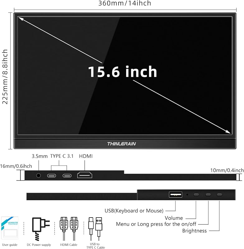 Thinlerain 15,6" Hordozható Érintőképernyős Monitor - Full HD IPS, USB-C/HDMI, 10-pontos Érintés, Beépített Hangszórók, PC/Laptop/Telefon Ko