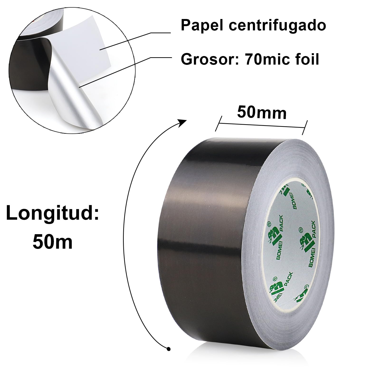BOMEI PACK 50mmx50m Negro Cinta adhesiva de aluminio aislante térmico - Rollo de aluminio adhesivo de alta temperatura de reparaci ón - Cinta de Aluminio para Sellar Sistemas