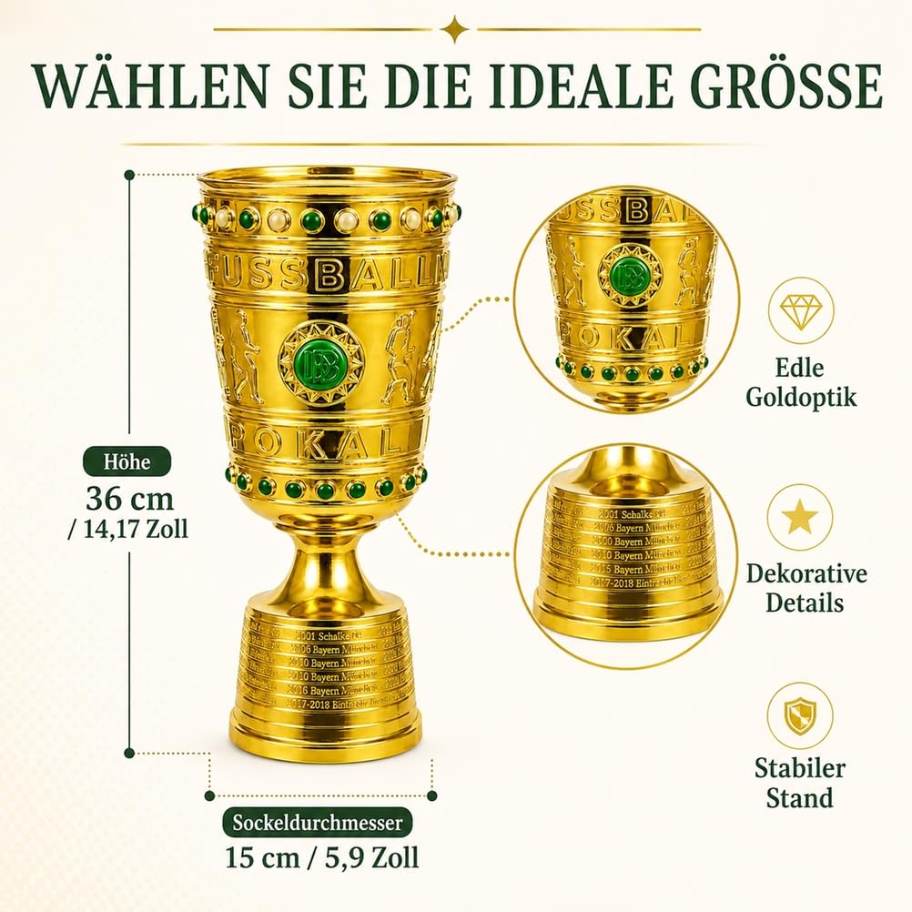 Deutscher Fußball Champion-Pokal Replik, 36 cm aus Harz, Goldfarben | Siegerpokal Sammlerstück für Vitrine,Schreibtisch,Regal und Fanbereich,Ideal als Sportandenken und Geschenk für Fussballfans