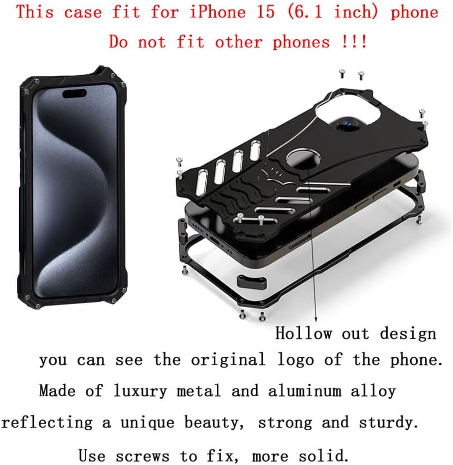 Luxury Cool Bat Style Tough Metal Case for iPhone 15 (6.1 inch), Anti-Fall Shockproof Aluminum Alloy Bumper Protective Skin Scratchproof Frame Plate Back Cover Black