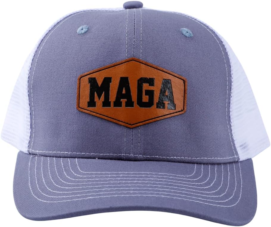 Maga Trucker Hat Mesh with Leather Patch – Adjustable Snapback Baseball Cap – Patriotic Hat for Men & Women