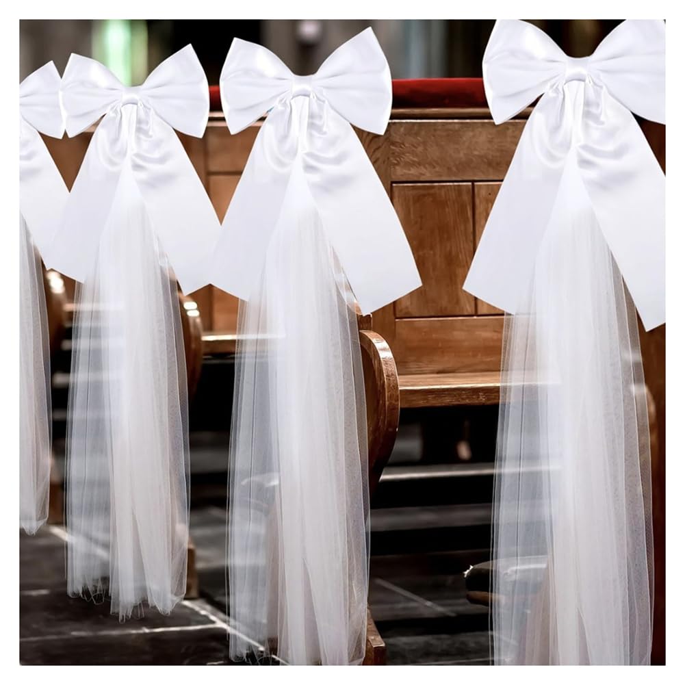 Weiß Satin Stuhlschleifen mit Tüllschwänzen Stuhlschärpe Hochzeitsschleifen Autoschleifen Schleife Stuhlbänder für Hochzeit Kirchenbänke Stuhl Auto Kirche Gang Deko 8 Stück