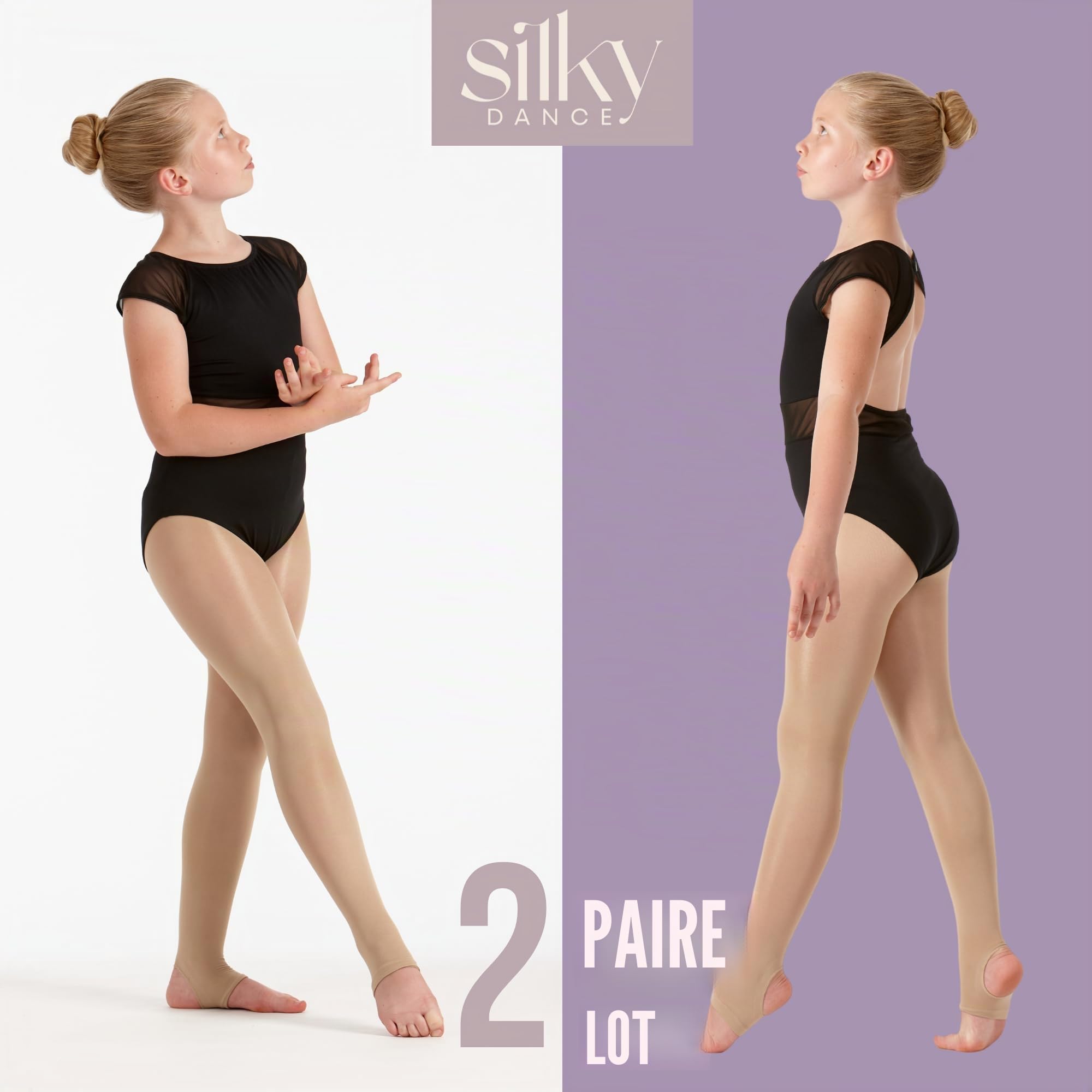 Lot de 2 paires de collants de danse scintillants 60 deniers prêts à l'emploi, pour filles, enfants, adultes, femmes en toast et toast léger