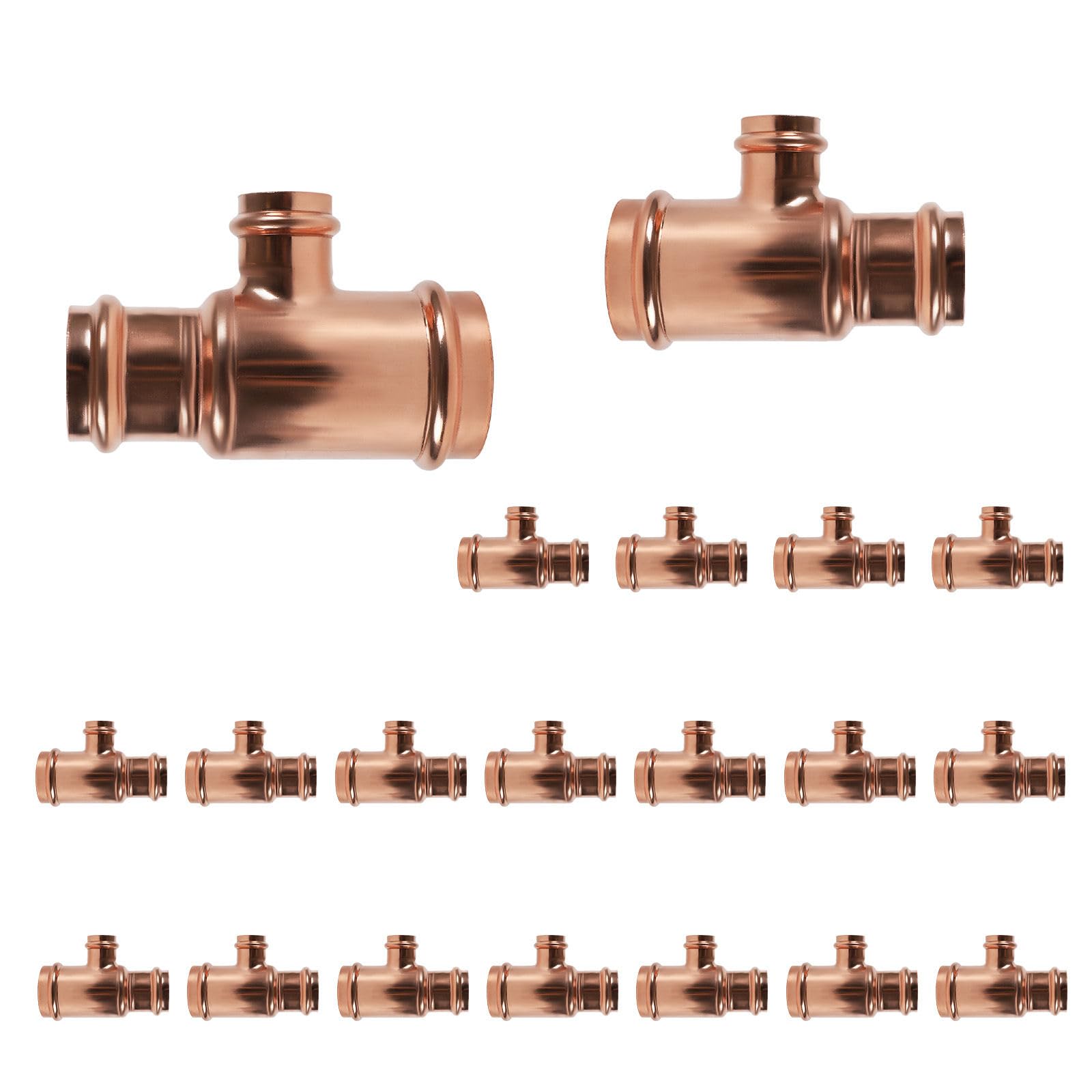 Paquete de 20 Conectores en T reductores de Cobre, 1-1/2" P x 1-1/4" P x 1", Conector en T Reductor de presión para plomería, derivación de transición de tamaño de tubería de Tres vías