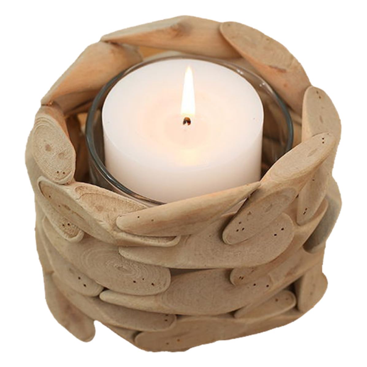 Portacandele Decorativo Rotondo in Legno, Artigianale, Khaki